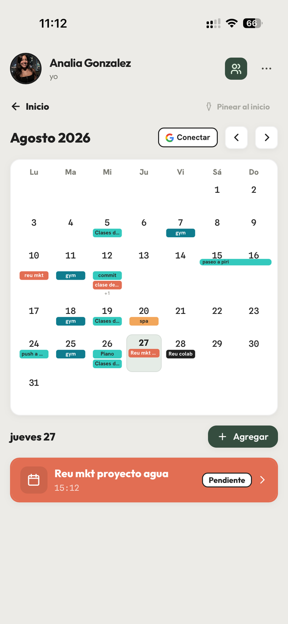 Agenda compartida con los eventos de varios integrantes del círculo.