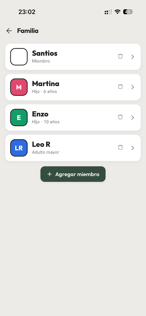 Pantalla del círculo con los integrantes de la familia y los módulos compartidos.