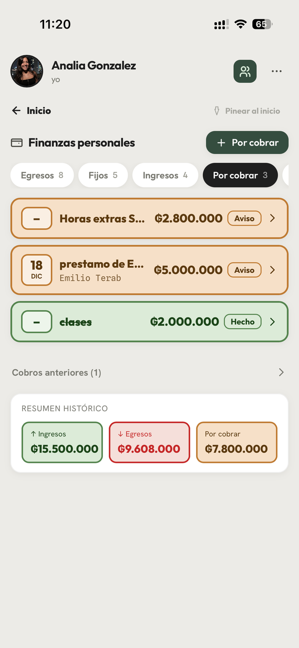 Pantalla de cobros pendientes, con quién debe cada monto y hasta cuándo.