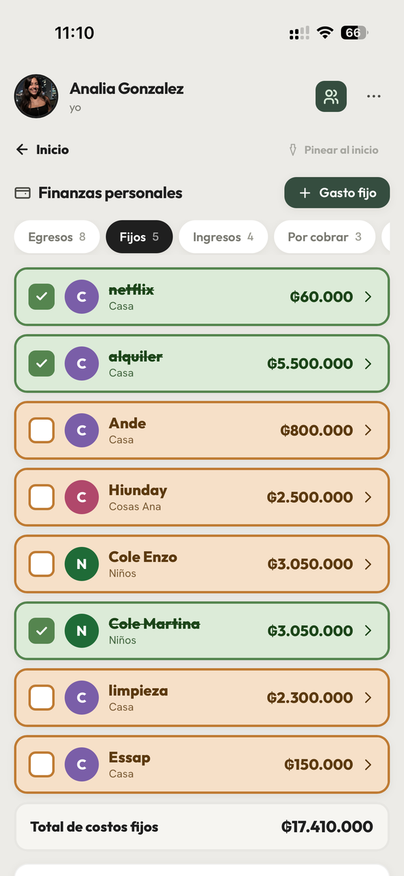 Lista de gastos fijos del mes, con los pagados tachados y una compra en cuotas.
