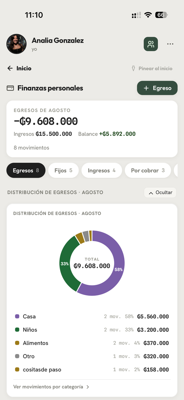 Pantalla de Finanzas con los gastos del mes agrupados por categoría.