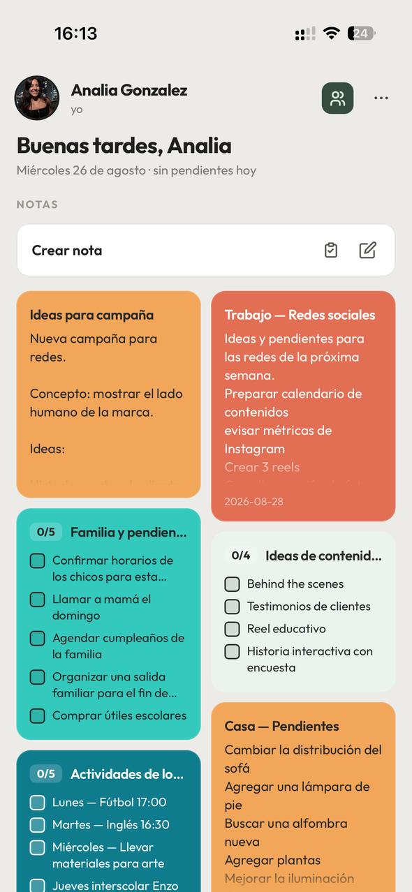 Pantalla Hoy de Primer Anillo: la agenda del día de cada integrante de la familia, con el estado de cada cosa.